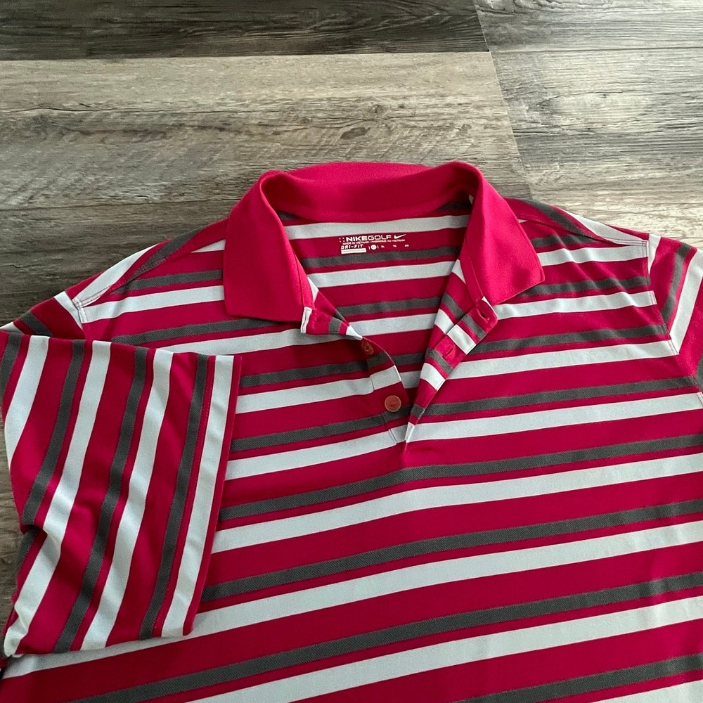 Nike Golf Dri Fit Red White‎ Gray Striped Mens XL Short Sleeve Sporty Polo Shirt